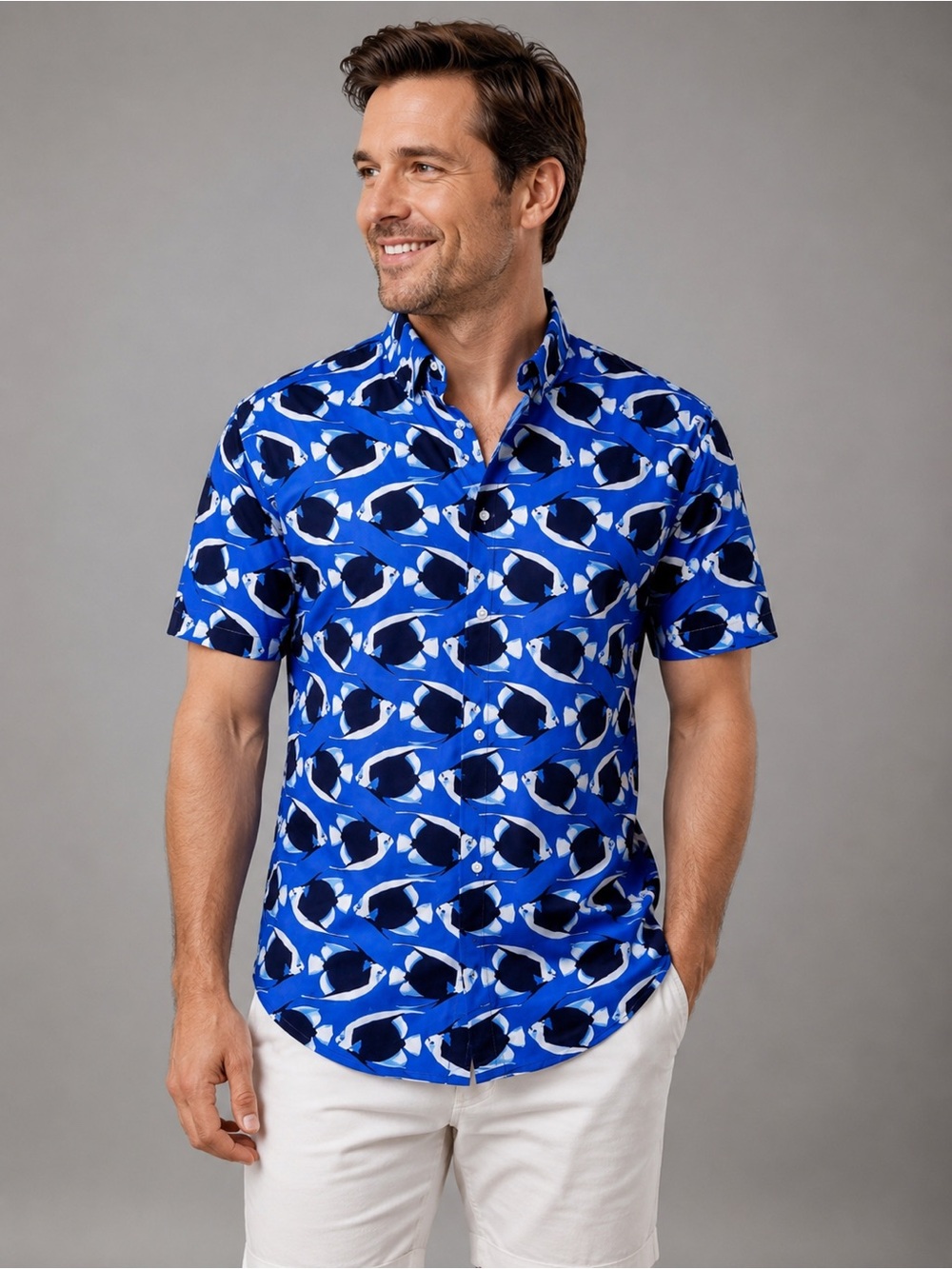 Old Navy Blue Short-Sleeve Button-Down Shirt with Fish Print